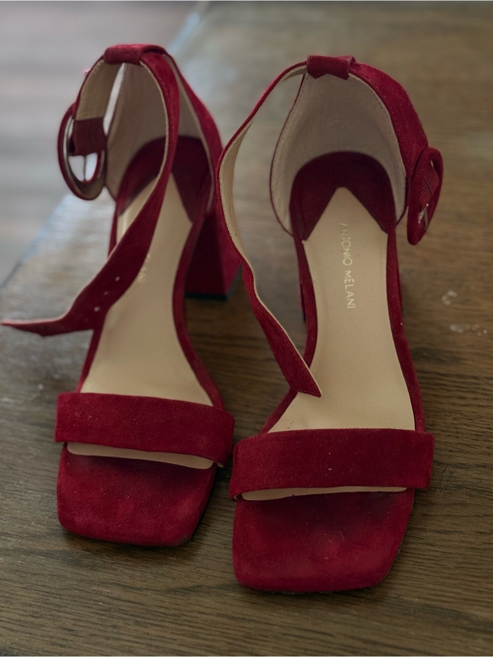 ANTONIO MELANI Red Suede Block Heel Sandals - Picture 4 of 5